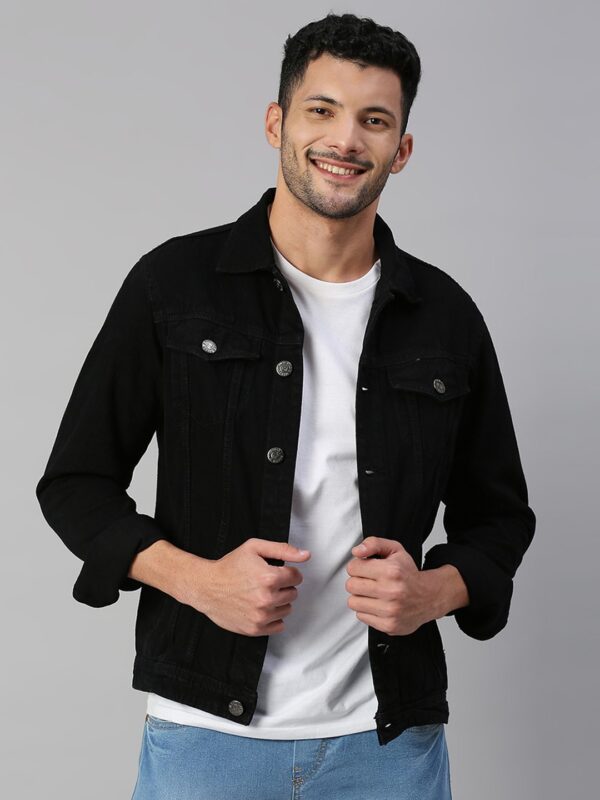 Men Black Solid Denim Jacket